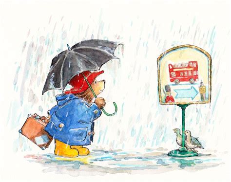 A Drawing Of A Teddy Bear Holding An Umbrella In The Rain Next To A Sign