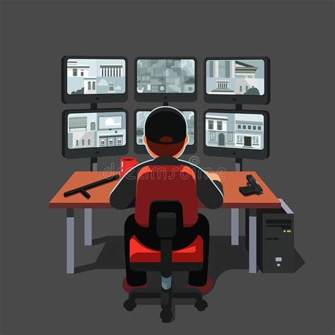 Watchman Sitting At Security Room Monitoring Video Stock Vector Illustration Of Isolated
