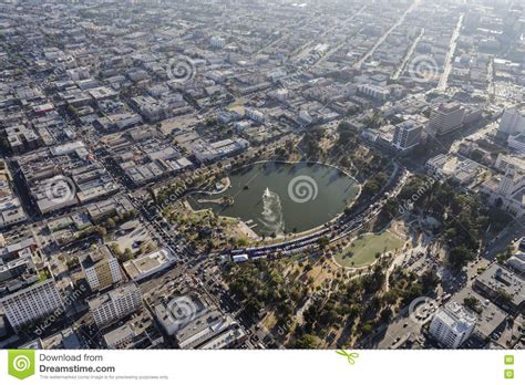 Macarthur Park Los Angeles Summer Smoggy Aerial View Editorial