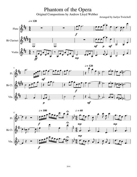 The phantom of the opera andrew lloyd webber's musical adapted for the flute the entire score is available for free, online on this and the following pages as sheet music for the flute. Phantom of the opera sheet music for Flute, Clarinet, Violin download free in PDF or MIDI