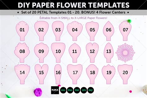 This listing includes 4 flower templates plus 1 basic leaf and a set of 6 vine leaves plus flower bases. 20 Paper Flower SVG | Paper Flower Template | Large Paper (373788) | Paper Cutting | Design Bundles