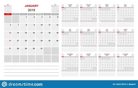 Planificador 2019 Con El Calendario Mensual En El Fondo Blanco