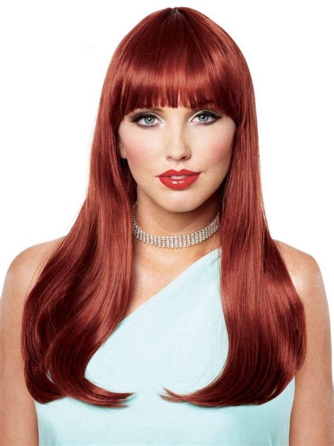 Womens Deluxe Long Red Costume Wig Womens Long Red Wig With Fringe