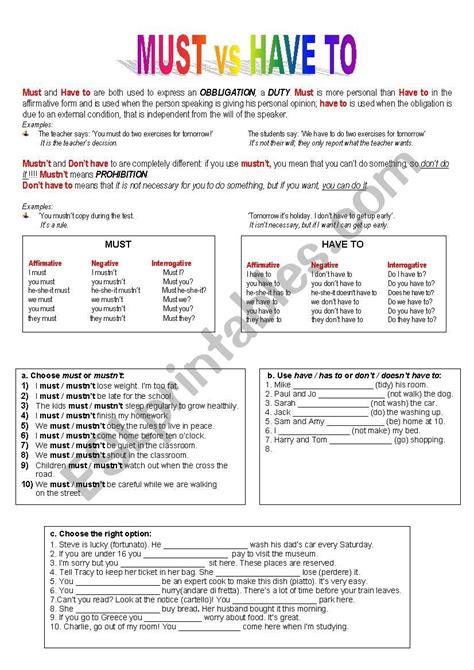 Must Vs Have To Esl Worksheet By Sarasimo97 Grammar Worksheets Esl