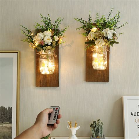 2pcs Hanging Glass Mason Jars Led Fairy Lights Wall Hanging Flower Home
