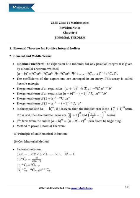 Class 11th Math Binomial Theorem Formulas Cbse 2023 Free Download