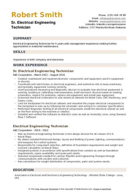 Handled project launches and worked to solve manufacturing challenges. Electrical Engineering Technician Resume Samples | QwikResume