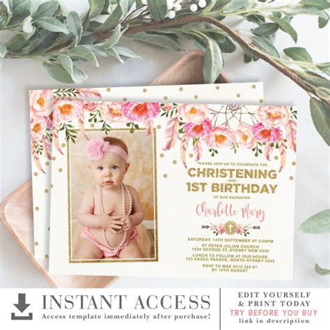 Boho Floral 1st Birthday And Baptism Editable Invitation Girly Pink And