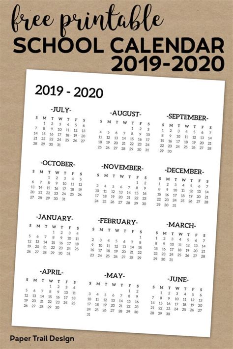 2019 2020 One Page School Calendar Printable Paper Trail Design