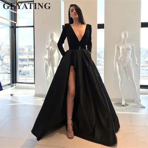 Sexy Deep V Neck High Slit Black Prom Dresses Long Sleeves 2019 Elegant