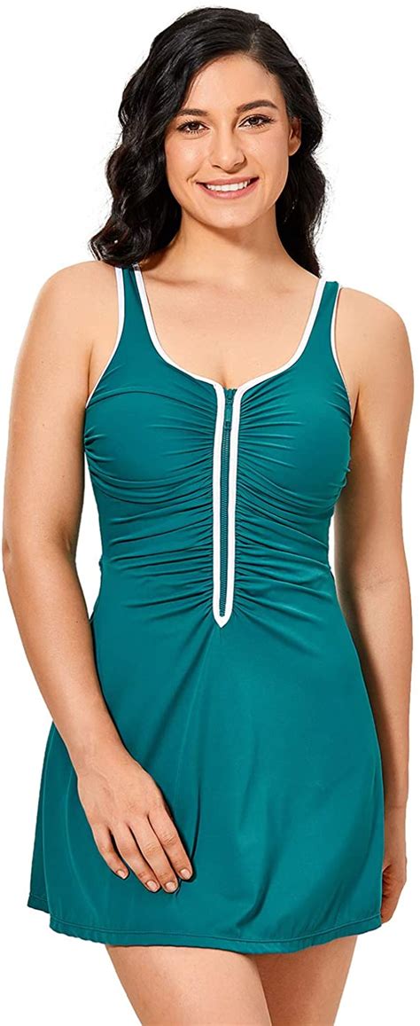 delimira women s plus size one piece swimsuit zip front skirted bathing
