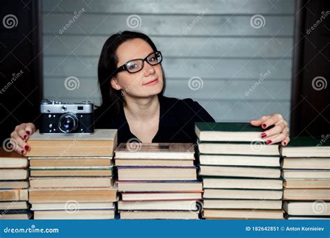 Librarian Women In Glasses At Wall Of Books Archives Stock Image Image Of Literature