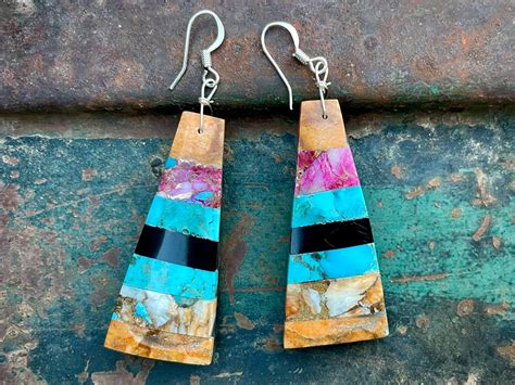 Turquoise Orange Spiny Oyster Slab Earring Dangles Multi Color Santo