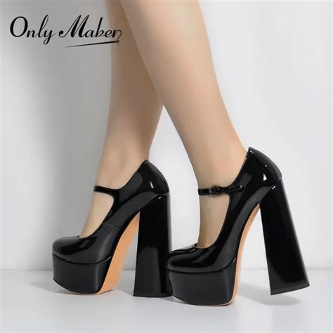 onlymaker women pumps mary jane platform black pink chunky 16cm high heels ankle strap dress
