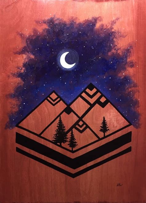 Geometric Mountain And Moon Painting On Wood Art And Collectibles
