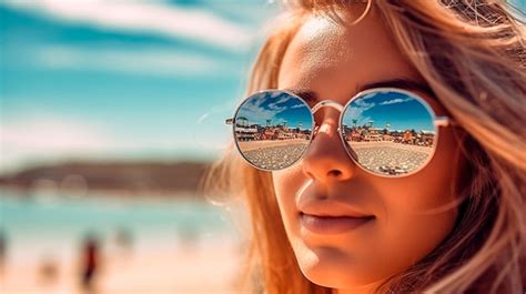 Premium Ai Image A Woman Wearing Sunglasses And A Beach Scene