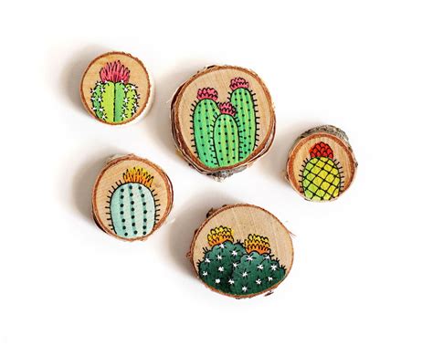 Set Of Five Hand Painted Cactus Decorative Magnets On Wood Etsy