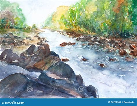 River Landscape Watercolor Painted Stock Illustration Illustration Of