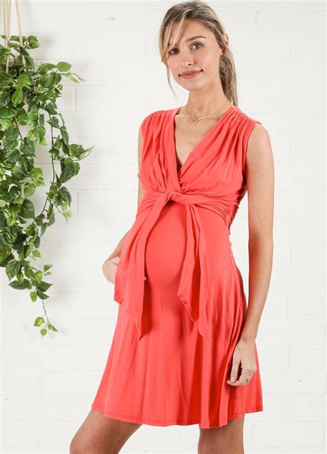 Front Tie Maternity Dress In Coral By Maternal America