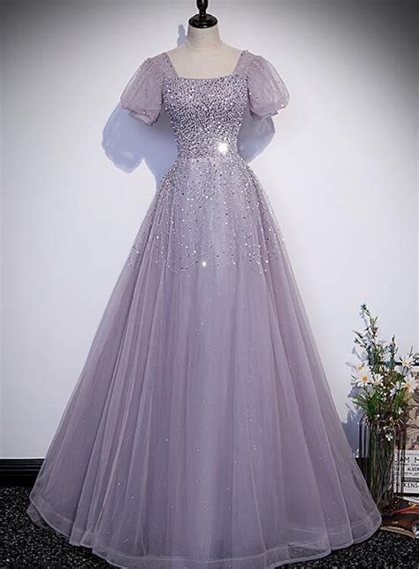 Beautiful Light Purple Shiny Tulle Long Party Dress A Line Sequins Pr