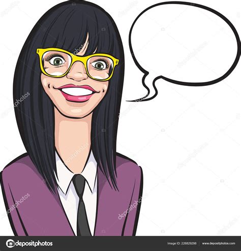 Vector Illustration Cartoon Smiling Nerd Girl Glasses Speech Bubble Easy Stock Illustration By
