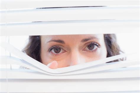 Curious Woman Looking Through Blinds Stock Photo Image Of Adult