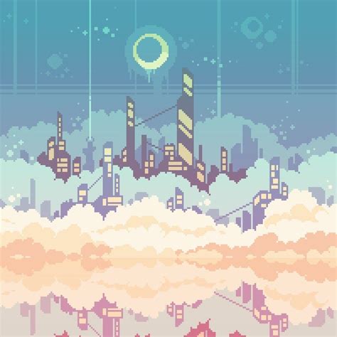 Pixel Art City In The Clouds Sky Scrapers Dream World Pixelart