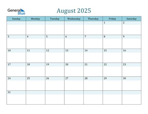 August 2025 Calendar Pdf Word Excel