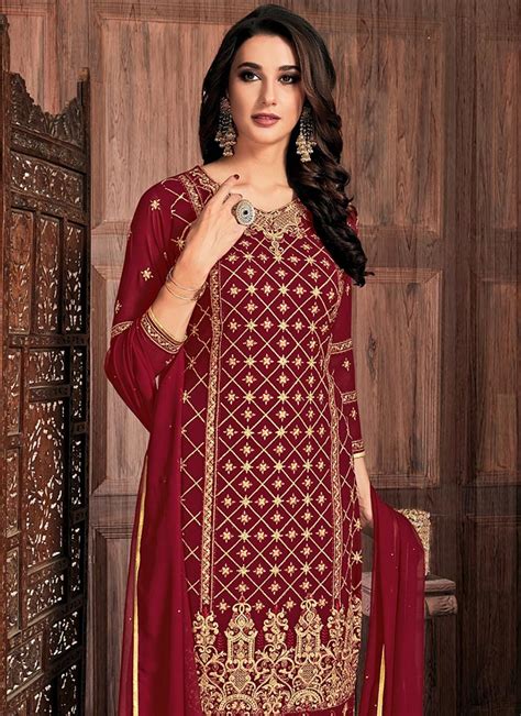 Buy Maroon Georgette Straight Pant Suit Party Wear Embroidered