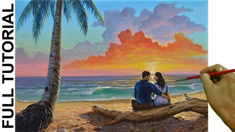 Acrylic Landscape Painting Tutorial Couple In Tropical Sunset Beach