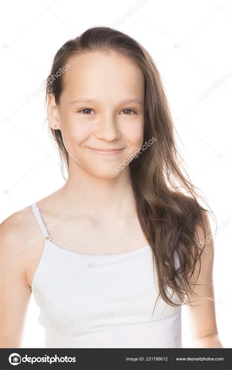 Beautiful Smiling Caucasian Preteen Girl Tank Top Loose Hair Isolated