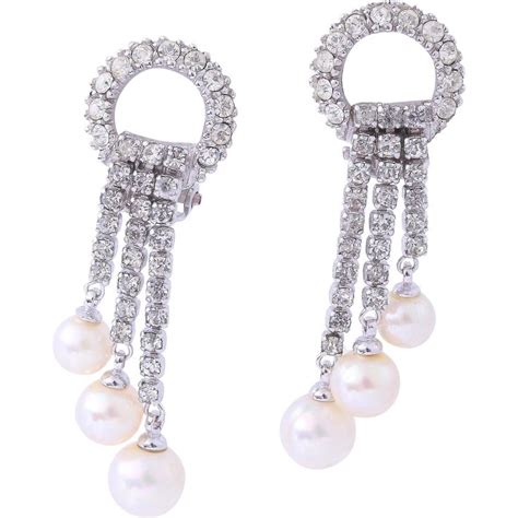 Bridal Vintage Ciner Dangling Faux Pearl Rhinestone Earrings Pearl