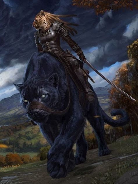 Female Catfolk Tabaxi Sword Plate Armor Cleric Fighter Paladin Giant Panther Rider Pathfinder