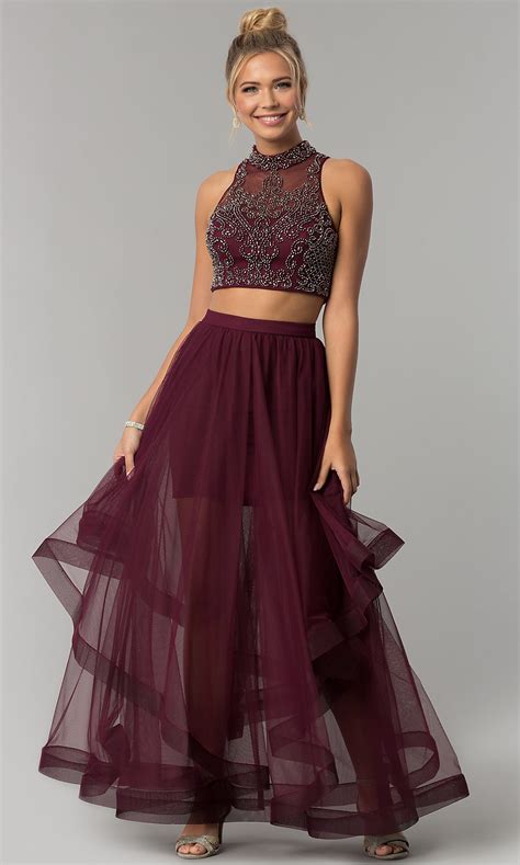 Burgundy Red Long Two-Piece Prom Dress - PromGirl