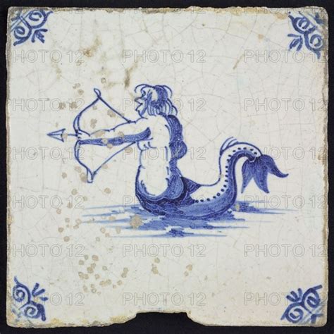 Scene Tile Naked Man With Fish Tail And Bow And Arrow In Blue On White Corner Photo