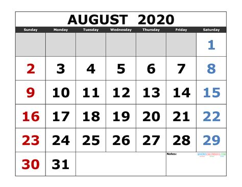 August 2020 Printable Calendar Template Excel Pdf Image Us Edition