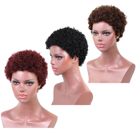 Short Brazilian Afro Kinky Curly Wig Dark Brown Human Real Hair Kinky Curly Non Lace Wigs For