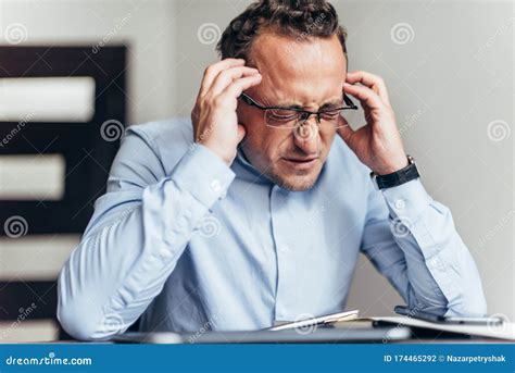 Business Man Suffer Headache Hold Hand Head Businessman Feel Pain