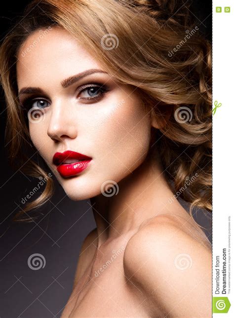 Close Up Portrait Of Beautiful Woman With Bright Make Up Stock Photo
