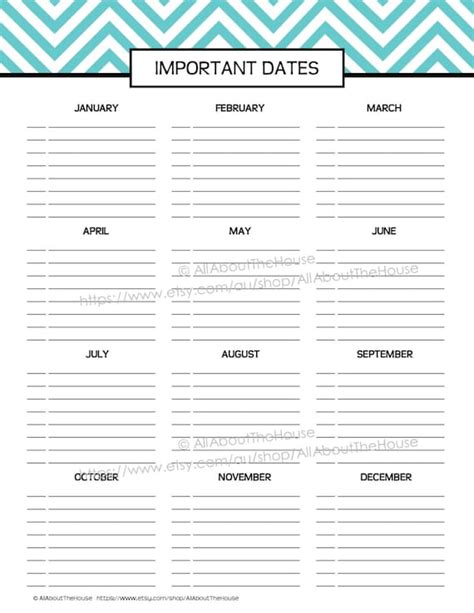 Important Dates Printable Special Planner 2014 2015 Day