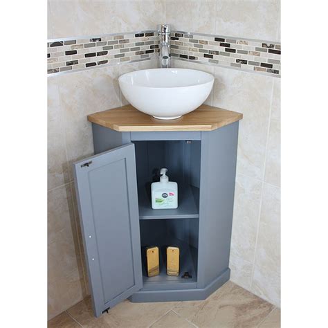 Grey Painted Corner Oak Vanity Unit With Wash Basin Ideal For Cloakroom