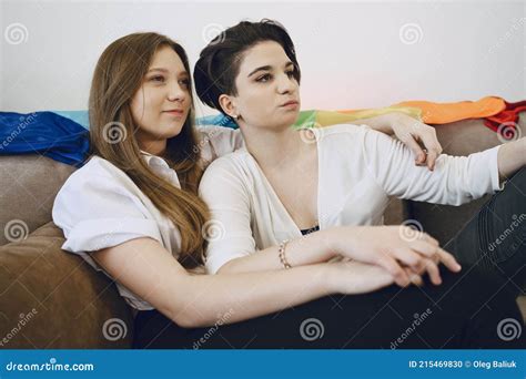 Lesbian Girls To Hug On Couch And Reveal TV Stock Photo Image Of Couple Family