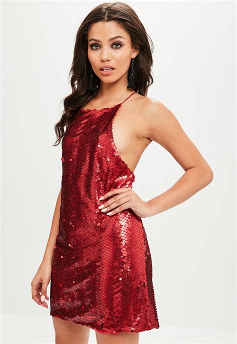 Missguided Synthetic Red Sequin Strappy Cross Back Shift Dress Lyst