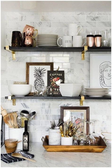 Get inspired to add pops of color, hang abstract art, create a gallery wall, and so much more. kitchen wall shelf ideas kitchen shelf decor kitchen plant ...