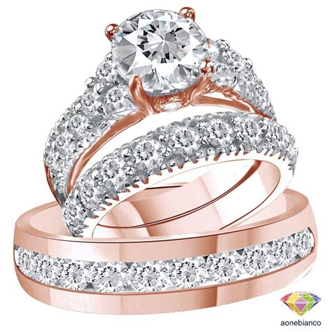 Diamond Trio Set His Hers Matching Engagement Ring Wedding Band K