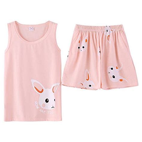 Jashe Tween Girls Summer Cotton Pajama Set Teens Cute Bunny Tank Summer Pajama Set Girls