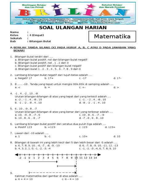 Soal Matematika Kelas 4 Sd Bab 7 Bilangan Bulat Dan Kunci Jawaban