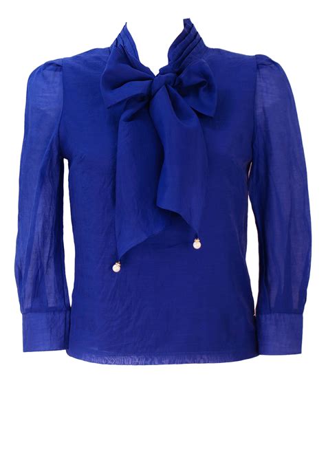 royal blue pussy bow blouse with pearl and sheer sleeves detail m reign vintage