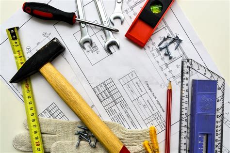 House Plan Tools Pencil With A Ruler A Building Draft Stock Photo