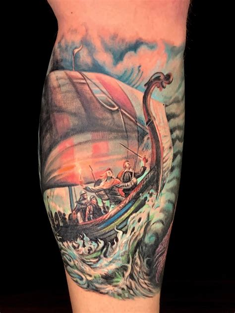 Tattoo & piercing shop in omaha, nebraska. My Viking ship leg piece, done by Patrick Oleson at Green ...